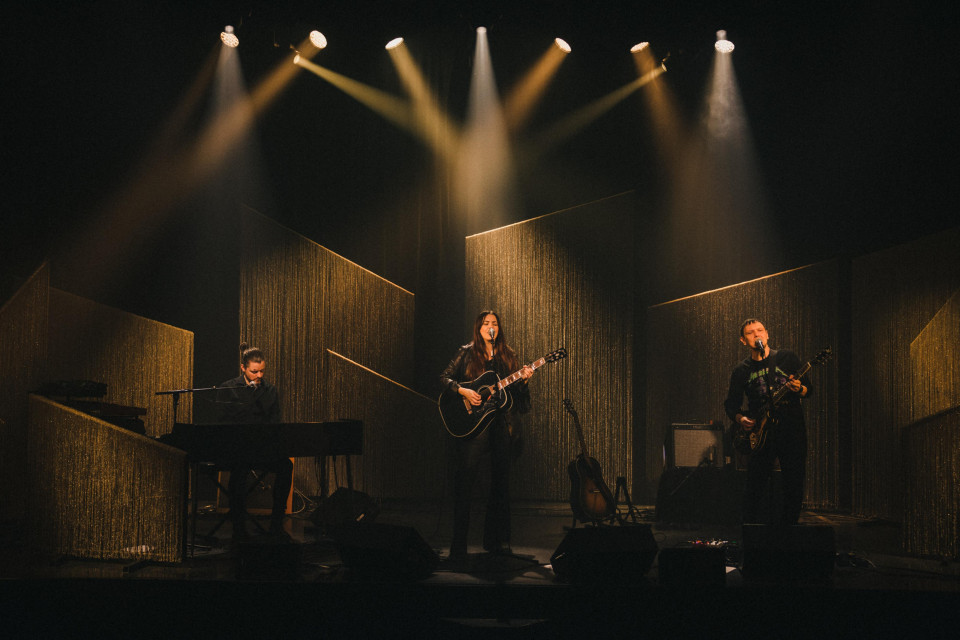String curtain backdrop on tour