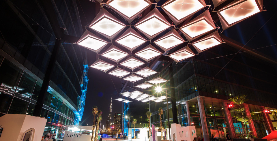 ShowTex StretchTulle, BannerDrape CS, PolyStretch P8 CS Matt, ShowLED Animation, Universal 250 Print, Molton, Wool Serge Panne, Laser Cut Fabrics for Dubai Design District